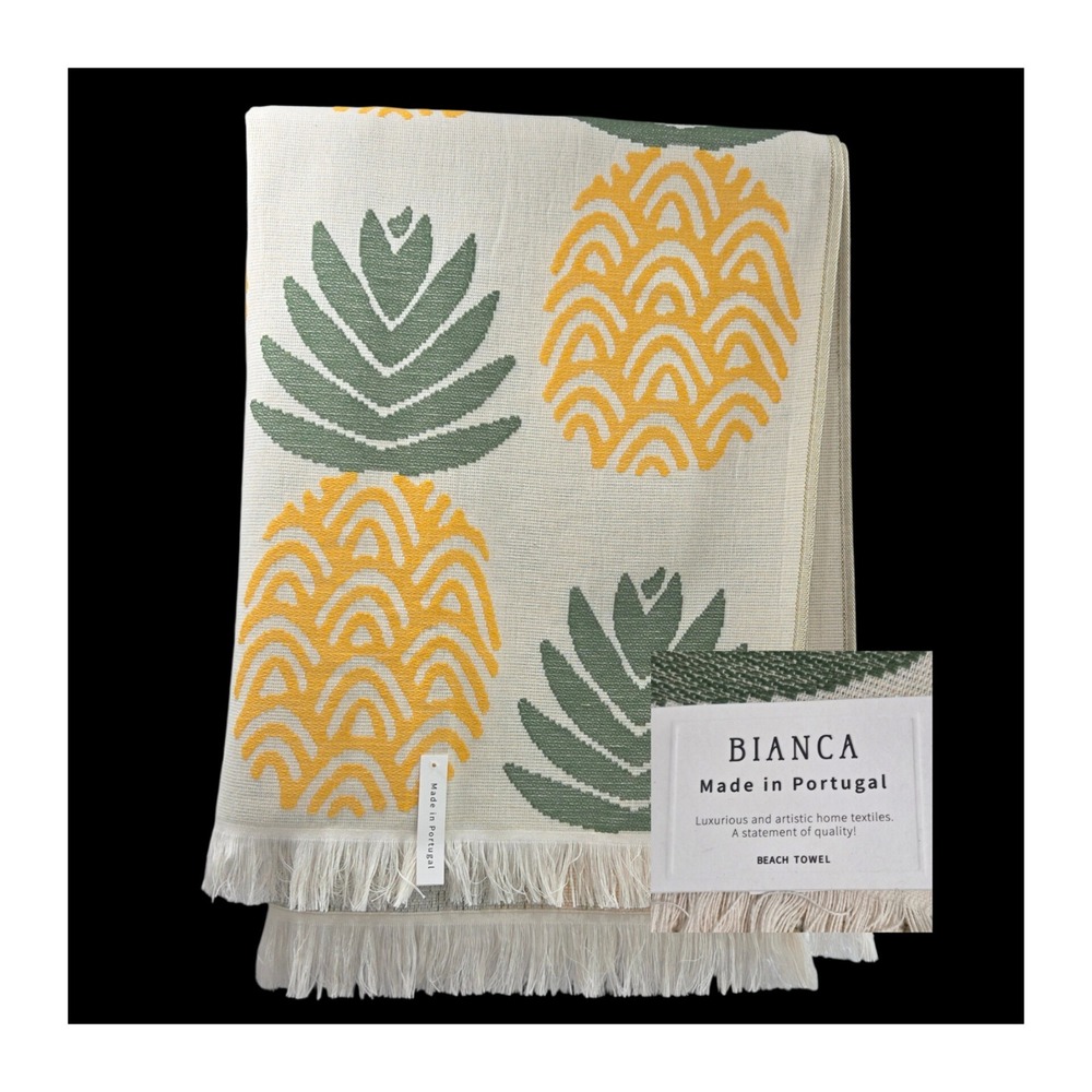 Bianca Pineapple Cotton Beach Towel Yellow Green Jacquard Weave Made in Portugal